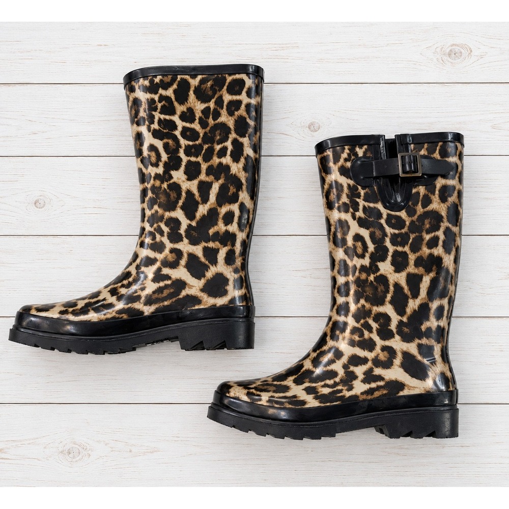 Lucky & Blessed Rain Boots Leopard Print Buckle Detail Waterproof Shoes Size 9